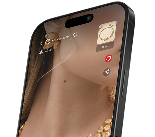 Close-up of a smartphone screen showing a woman's face with gold jewelry and app interface icons for items and sharing.